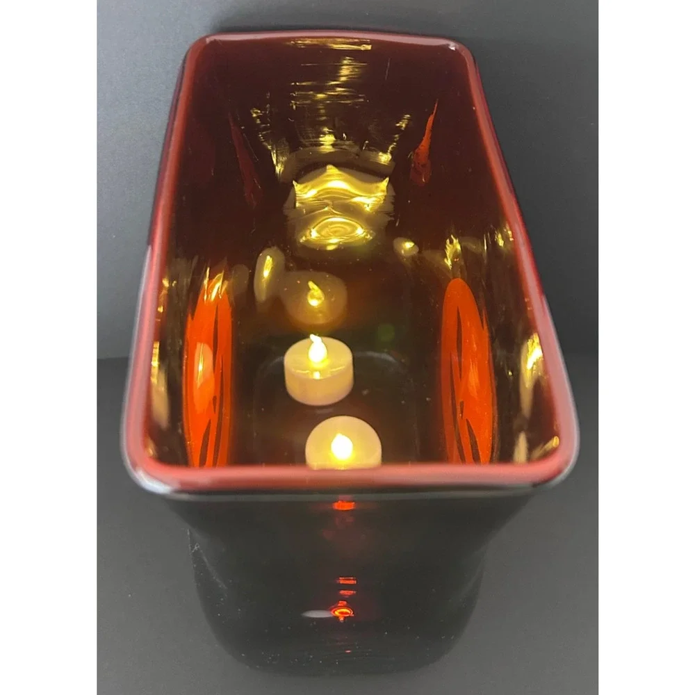 Spooky Oxblood Red Glowing Cut Glass Pumpkin Face Tea Lite Vase Halloween Italy
